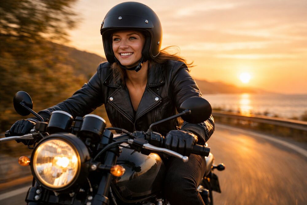 Frau mit schwarzem Helm fährt Motorrad auf kurviger Küstenstraße bei Sonnenuntergang